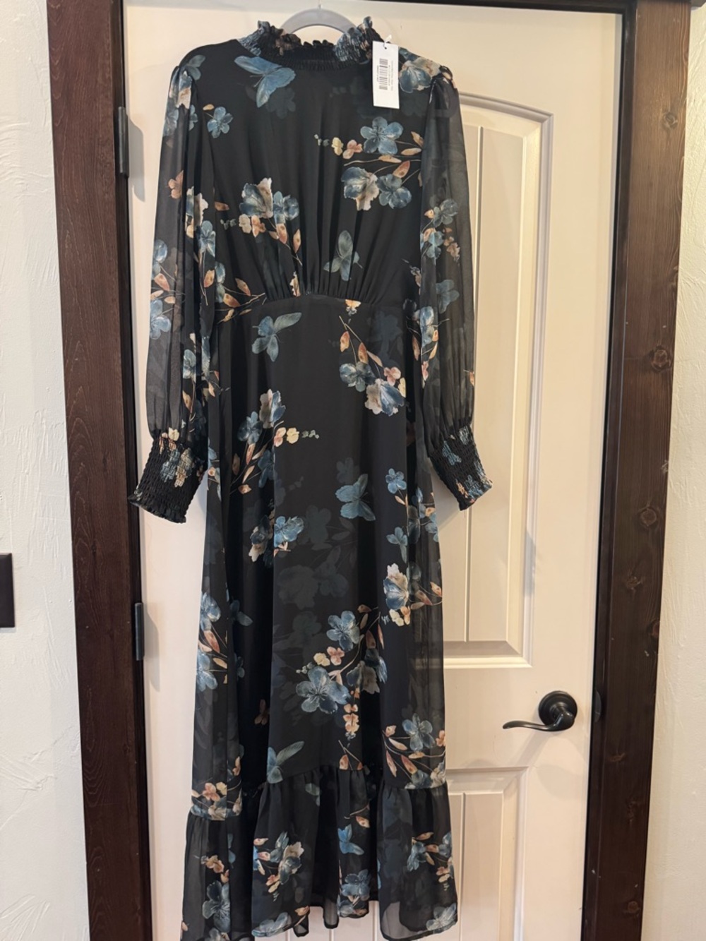 Women's Baltic Born Black Floral Maxi Dress with sheer sleeves M